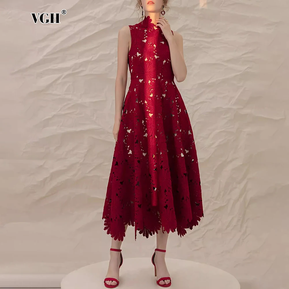 VGH Red Color Celebration Women Dress Stand Collar Sleeveless High Waist Hook Flower Hollow Pleated Midi Dresses Female Clothing