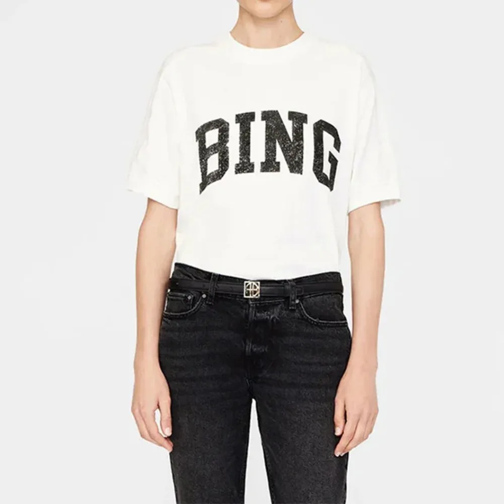 

Новая летняя североамериканская ниша AB, классическая белая женская футболка с буквенным принтом BING в песочный горошек и короткими рукавами, женская футболка