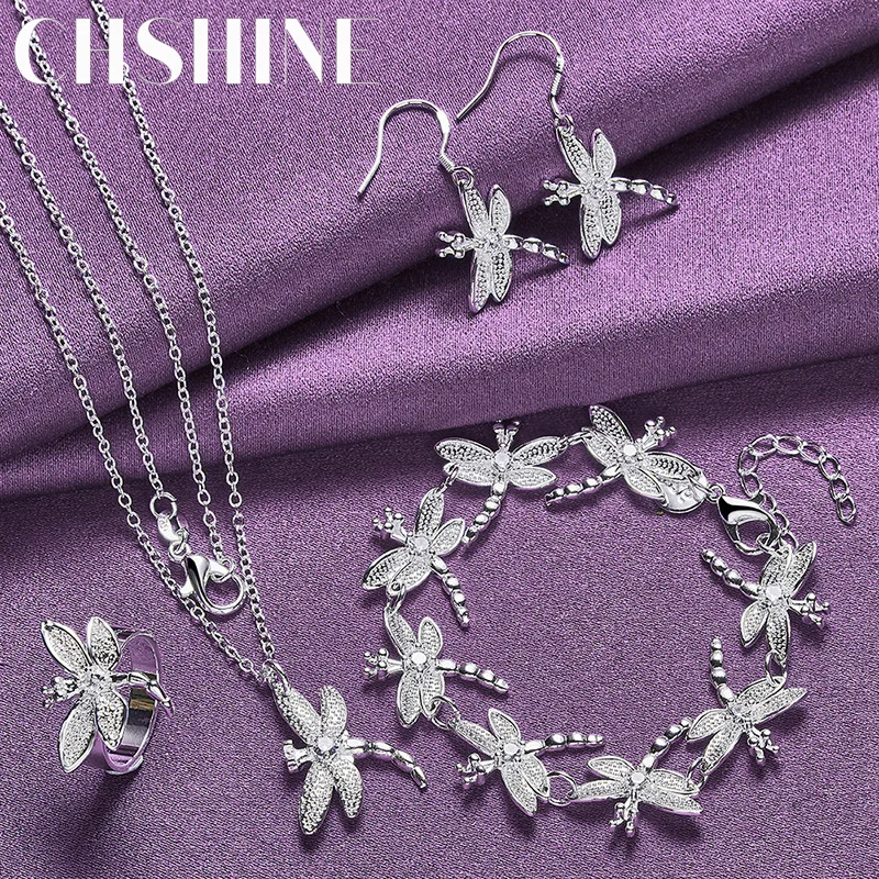 

CHSHINE 925 Sterling Silver Dragonfly Charm Necklace Ring Earrings Bracelet For Lovers Engagement Exquisite Jewelry Sets