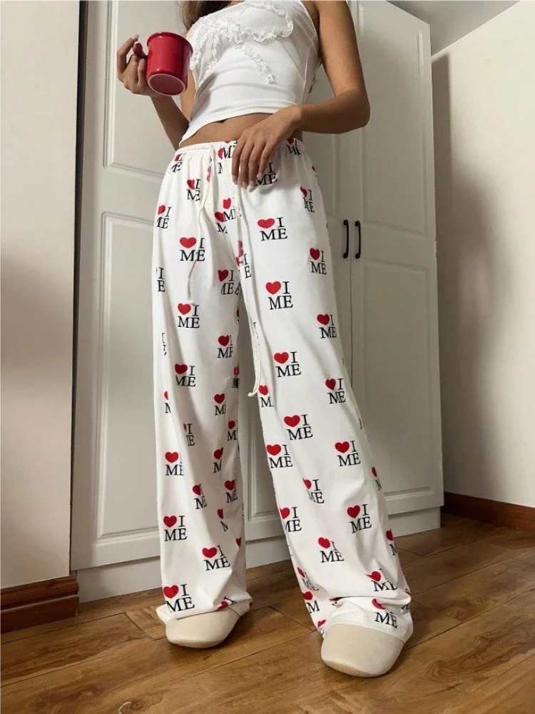 

HOUZHOU White Letter Print Women Pants Lace Up Elastic Waist Wide Leg Straight Pajama Pants Baggy Casual Trousers Aesthetic