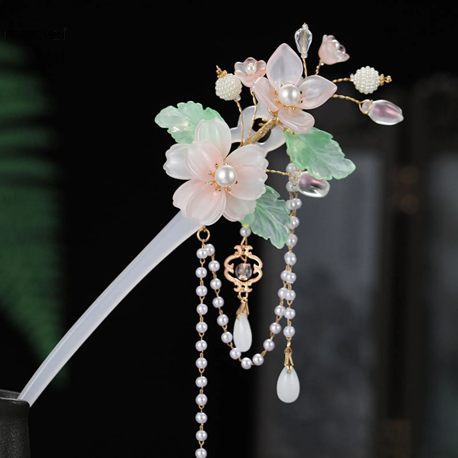 White Acetate Hair Sticks Forks Beaded Pendant Flower Hairpins and Hairclips for Women Ponytail Holder Chinese Hair Jewelry