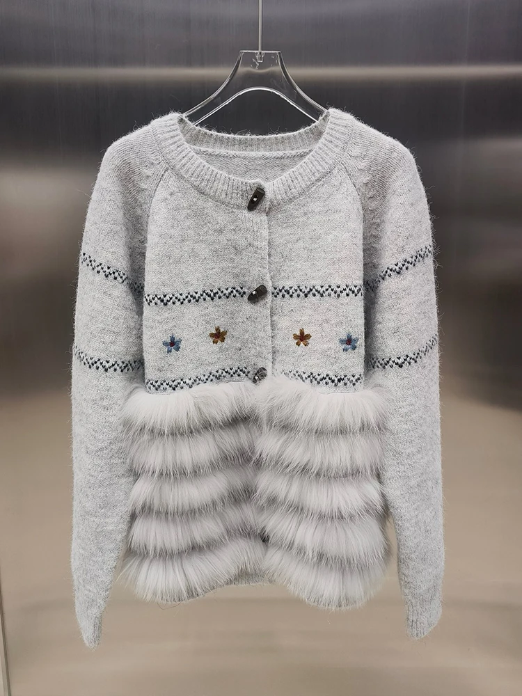 Herbst Winter Natürliche Fuchs Pelz Strickjacke Mantel Weibliche Frauen Kleidung Süße Luxus Plüsch Gestrickte Pullover Jacke