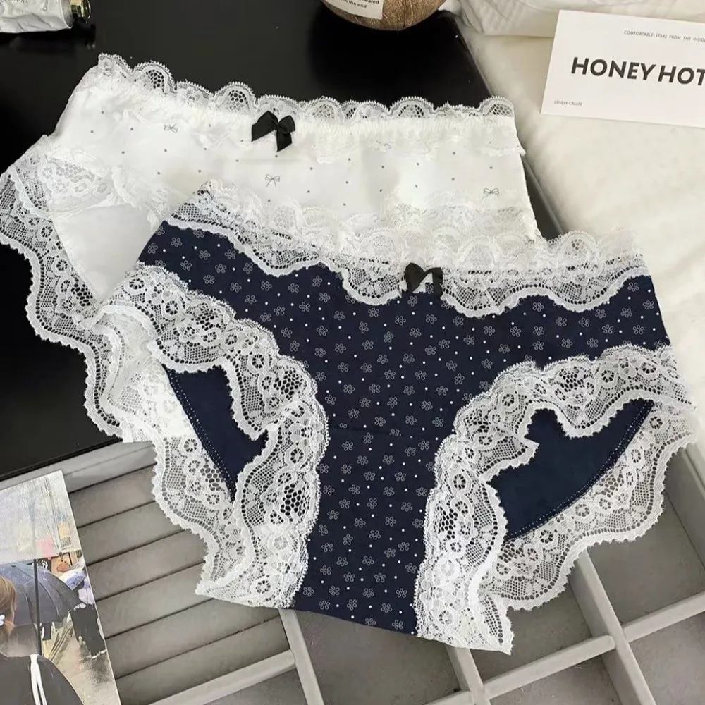 

Breathable Mid Waist Sweet Lace Panties Tulip Grid Lace Flower Briefs Bow Polka Dot Underwear for Women Girl