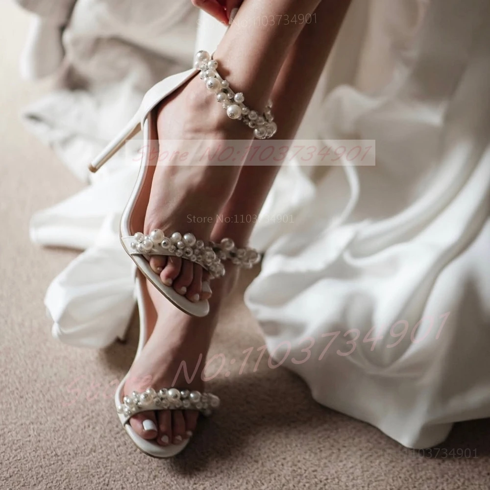 White Pearl Wedding High Heels Sandals Women Round Open Toe Ankle Strap Leather Shoes Fashion Zipper Cover Heel Sandals