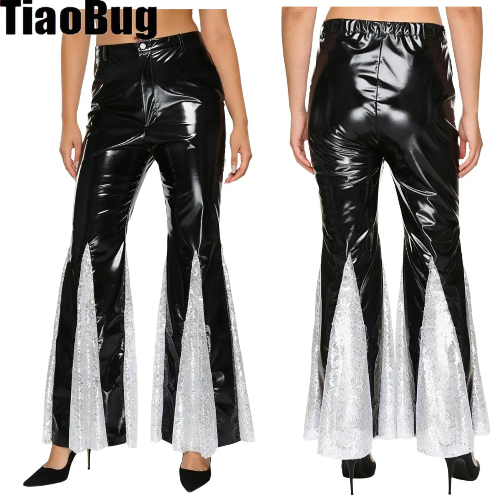 

Women 70s Disco Shiny Metallic Pants Hippie Vintage Costume Dance Party Nightclub Sequins Bell Bottoms Performance Flared Pants