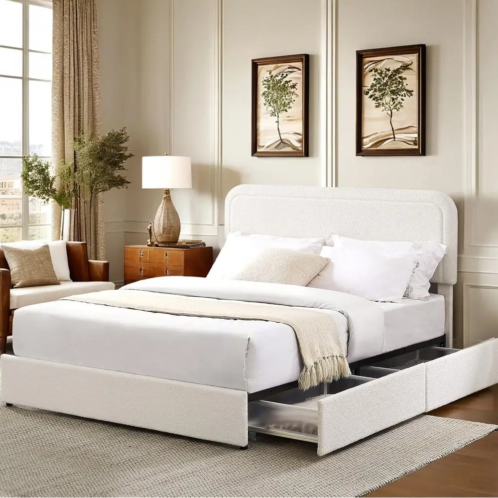 

Кровать-платформа для хранения вещей с ящиками, кремовая спинка Boucle Wingback, низкопрофильная, коробчатая пружина не требуется.