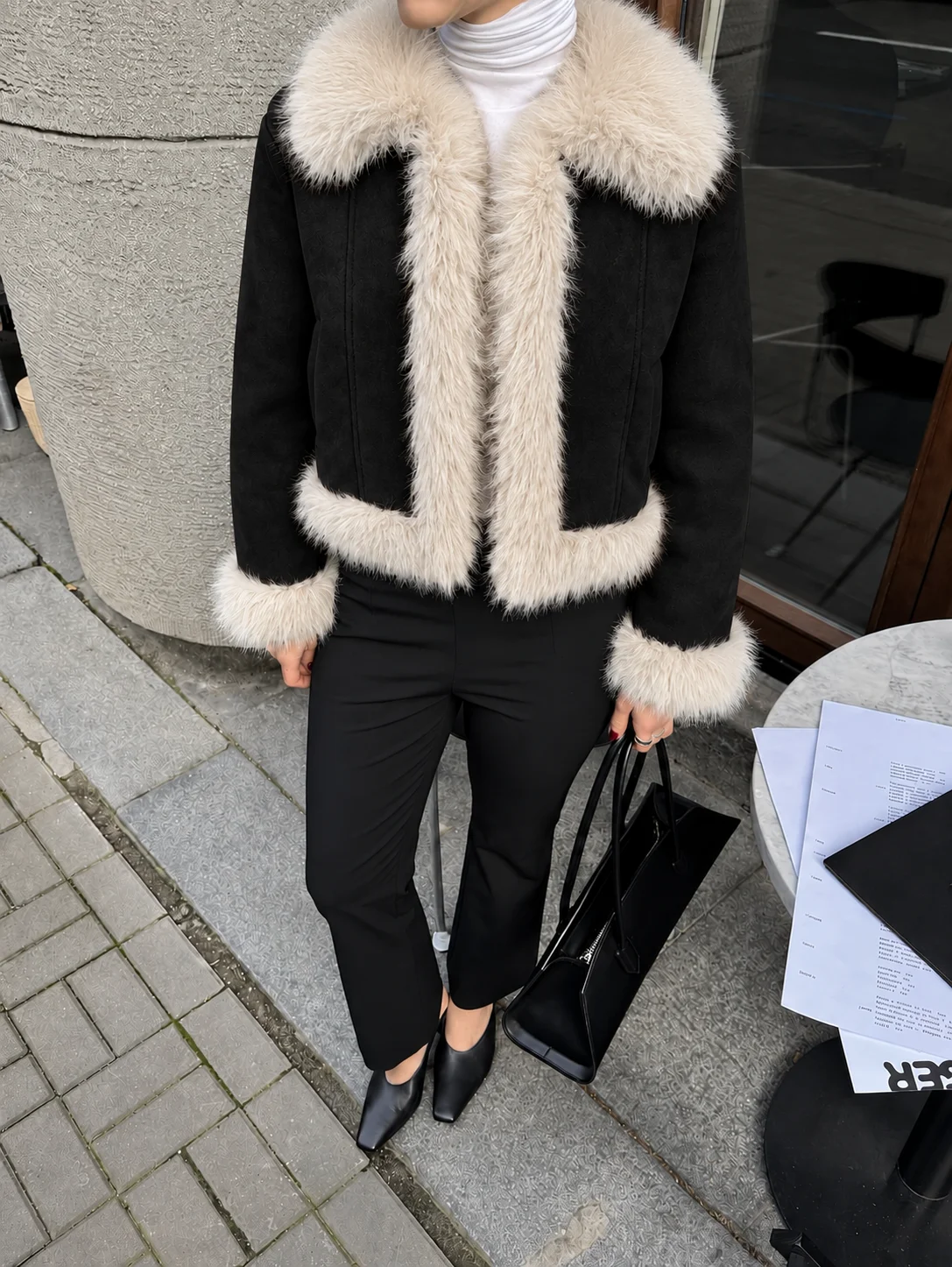 Vintage Faux Suede Cropped Jacket Women Brown Faux Fur Trim Large Collar Long Sleeve Warm Winter Coat Shearling Style Outerwear