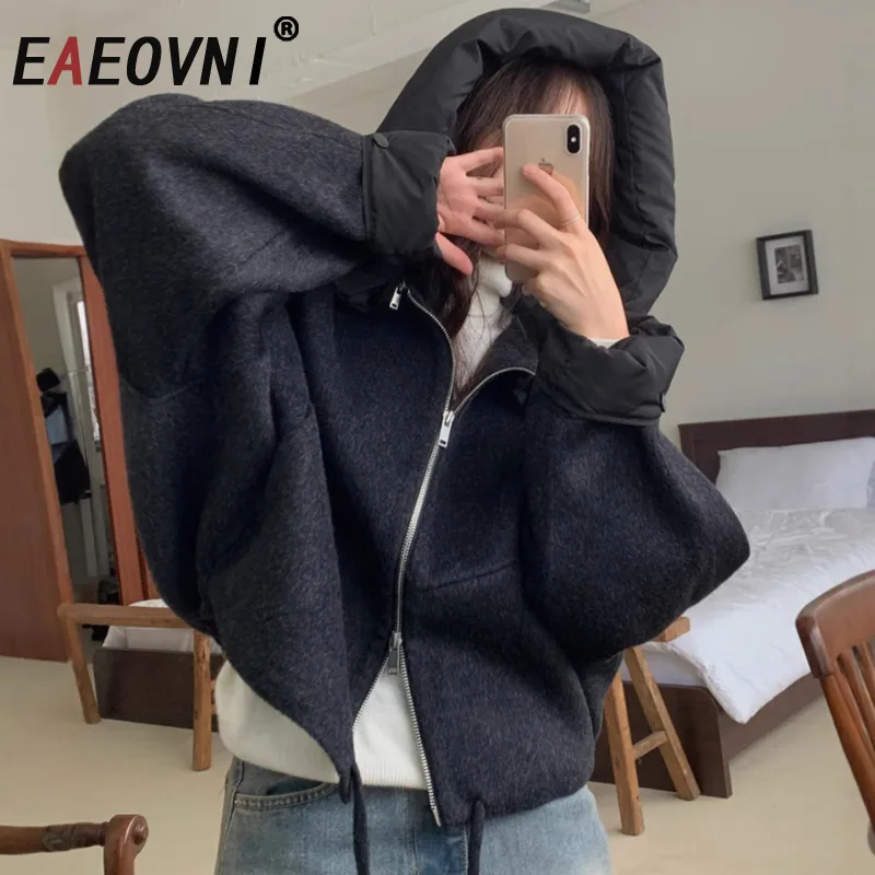 

EAEOVNI, съемная дизайнерская шерстяная куртка с капюшоном, женская модная теплая короткая куртка на молнии, уличная одежда, новинка 202, осень-зима
