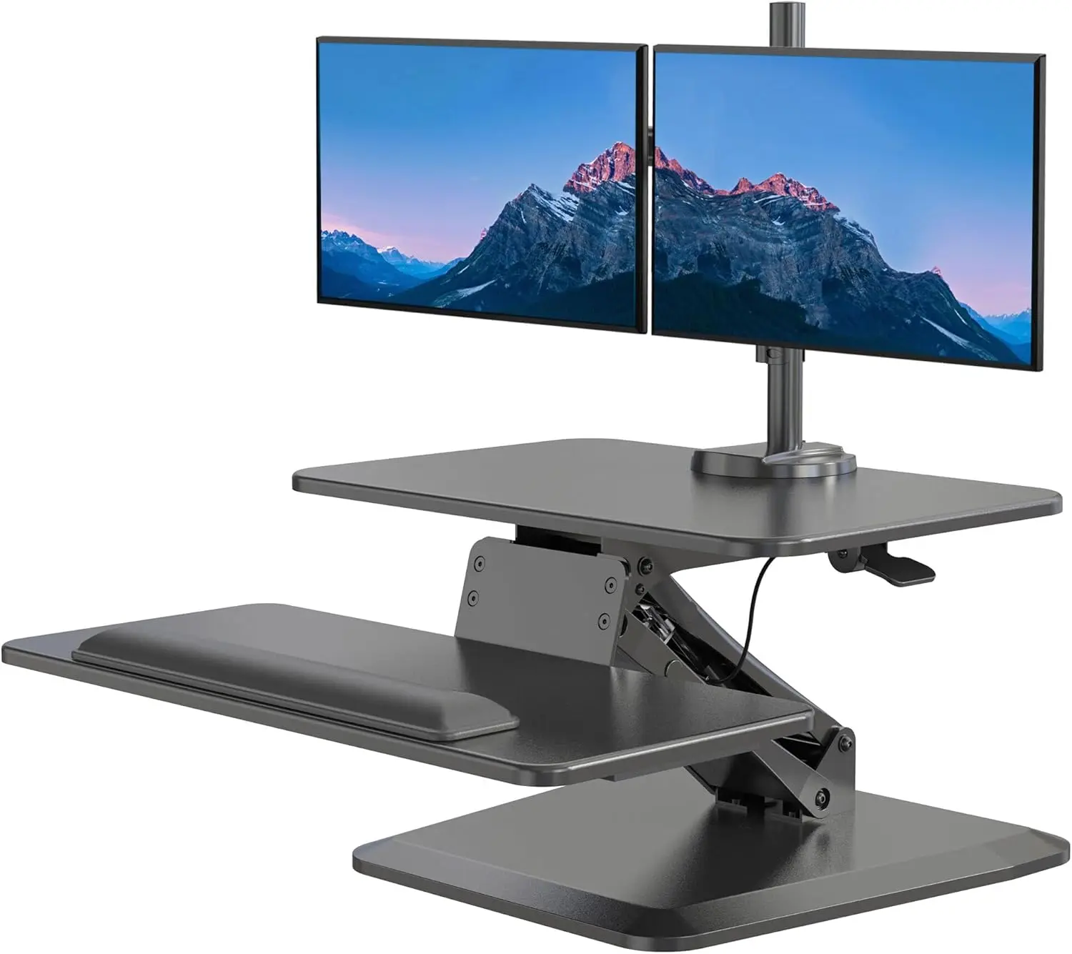 Standing Desk Converter, Stand Up Desk Riser with Dual Monitor Mount, Adjustable Workstation in Black, Top Platform 23