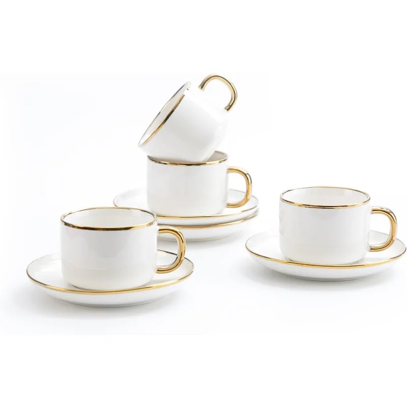 

Tea Cups and Saucers with Gold Trim, 6.76 Ounce White Porcelain Tea Set & Coffee Cups for Latte, Cafe Mocha, Tea-Set of 4