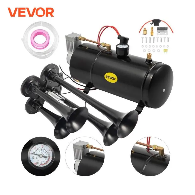 VEVOR 3 / 4 트럼펫 12V 150DB 시끄러운 에어 호른 트레인 키트 최대 150 PSI 작동 압력 트럭 SUV 보트 트랙터 RV ORV