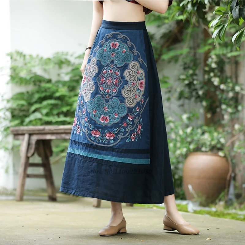 

2025 chinese vintage skirt traditional flower embroidery cotton linen patchwork skirt retro elastic waist a-line folk skirt