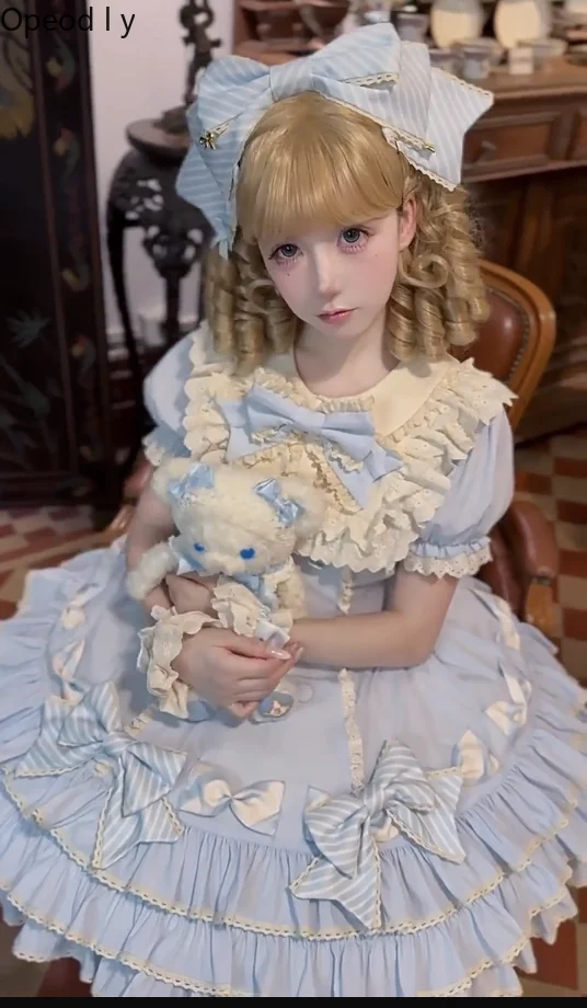 

Blue Sweet Cute Striped Lolita Skirt Japanese Original Ancient Doll Feeling Short SleeveBow Lolita Princess Cake Woman Dress