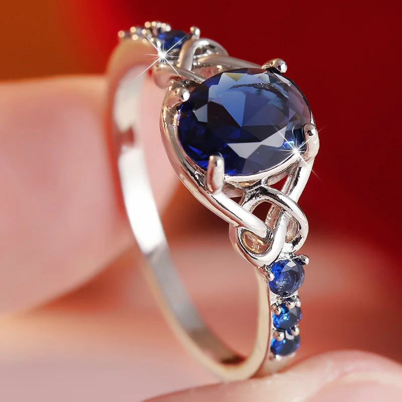 Vintage Hollowed Out Interwoven Design Women's Ring Inlay Blue Synthetic Zircon Elegant and Luxurious Ring Banquet Accessory