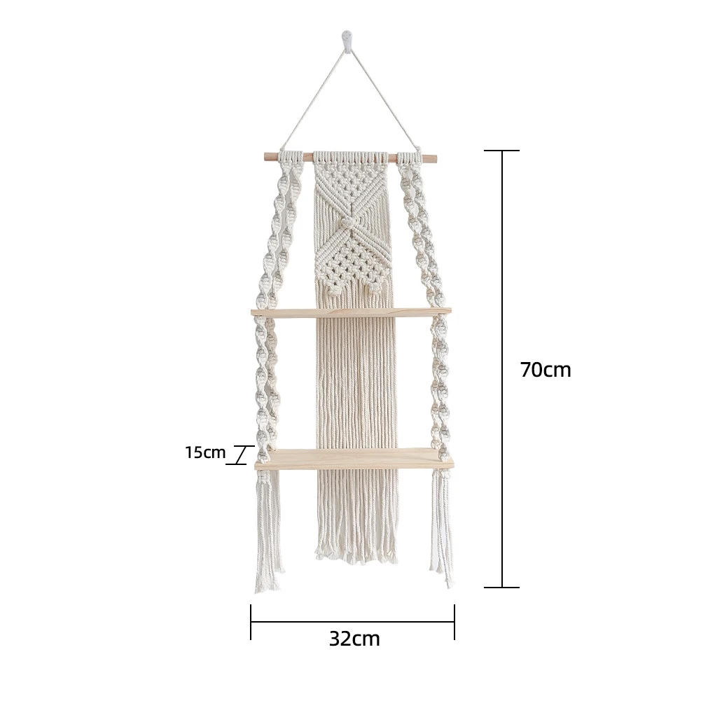 2 Tier Wall Mounted Floating Shelf Hand Woven Bohemian Cotton Wood Shelf for Home Living Room Bedroom Plant Display Rack