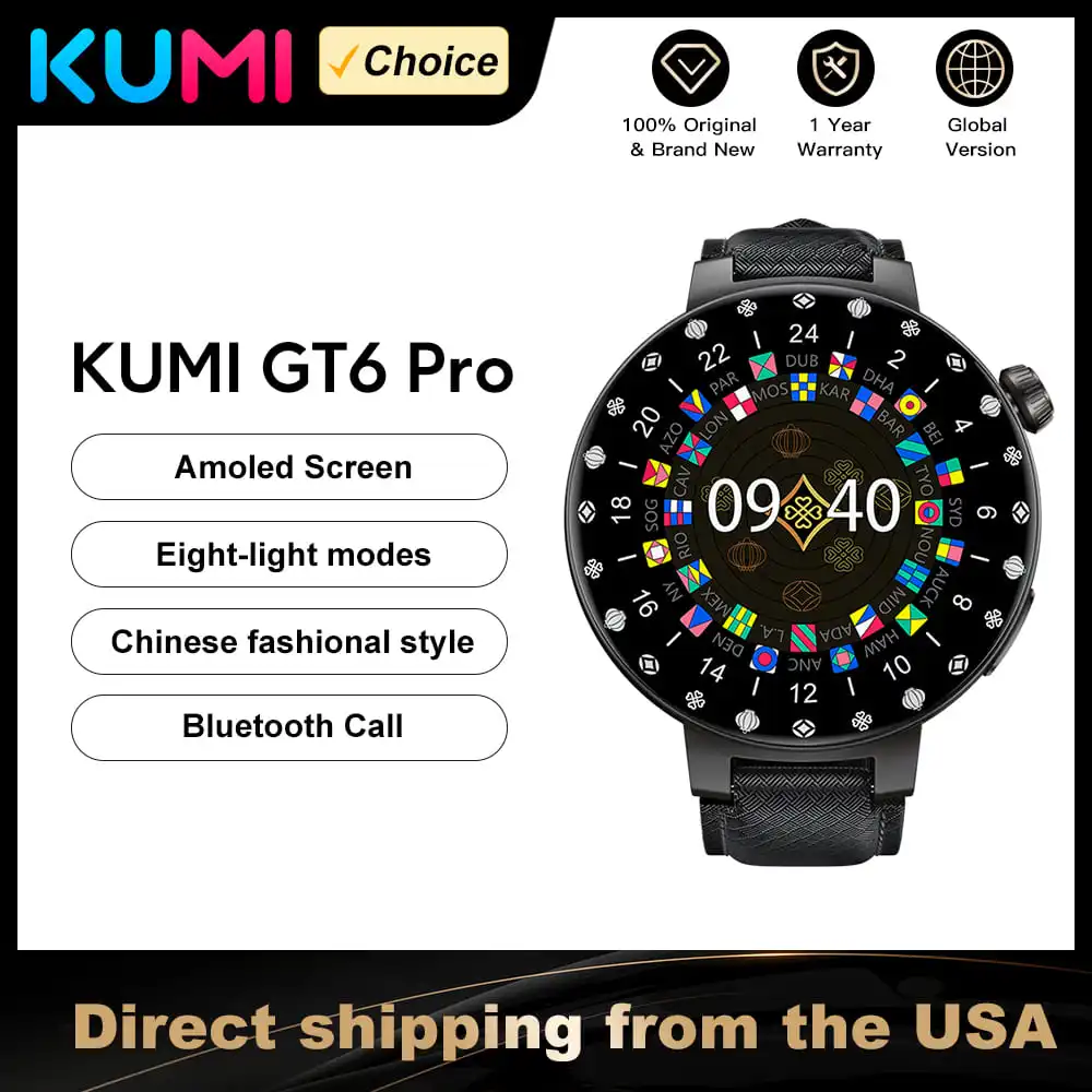 KUMI GT6 Pro 1.3-inch AMOLED Screen Bluetooth Call5.1 IP68 Waterproof Eight light modes Chinese fashion style Smart watch