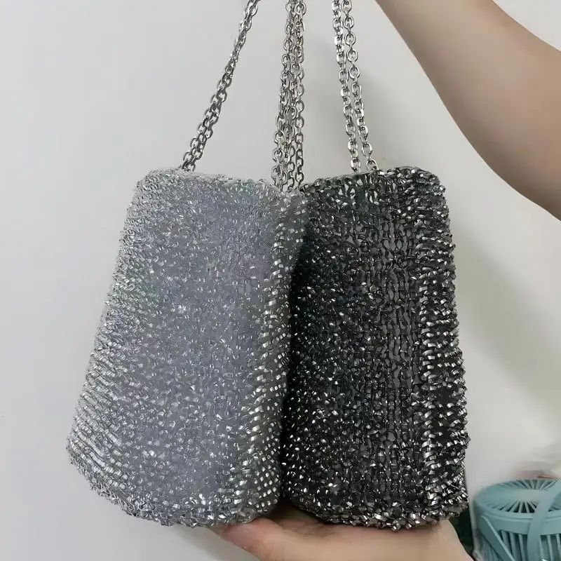 Silver Ladies Crossbody Shoulder Bag Handwoven PVC Thread Artisanal Fashion Women's Satchel