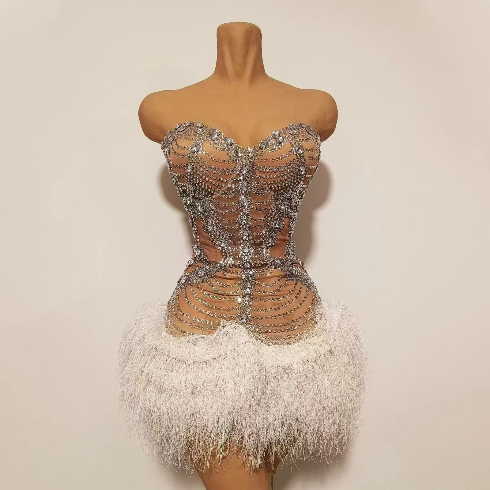 

Sexy Strapless Sheer Rhinestone Dress Feather Skirt Bodycon Mini Evening Party Club Prom Stage Gown New Trend Formal Wear
