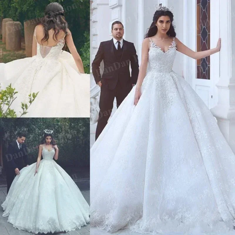 Customized Arabic V Neck Lace Dresses Cheap Sleeveless Corset Wedding Gowns Court Train Plus Size Custom Made Bridal Dres