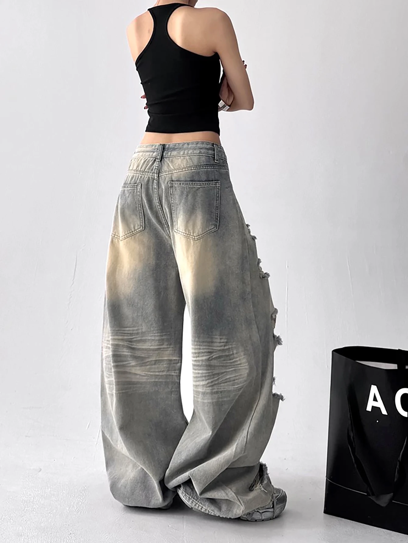 Women 2026 Summer Autumn High Waist Wide Leg Y2K Jeans Yellow‑mud Wash Frayed Ripped Vintage Denim Street Trousers