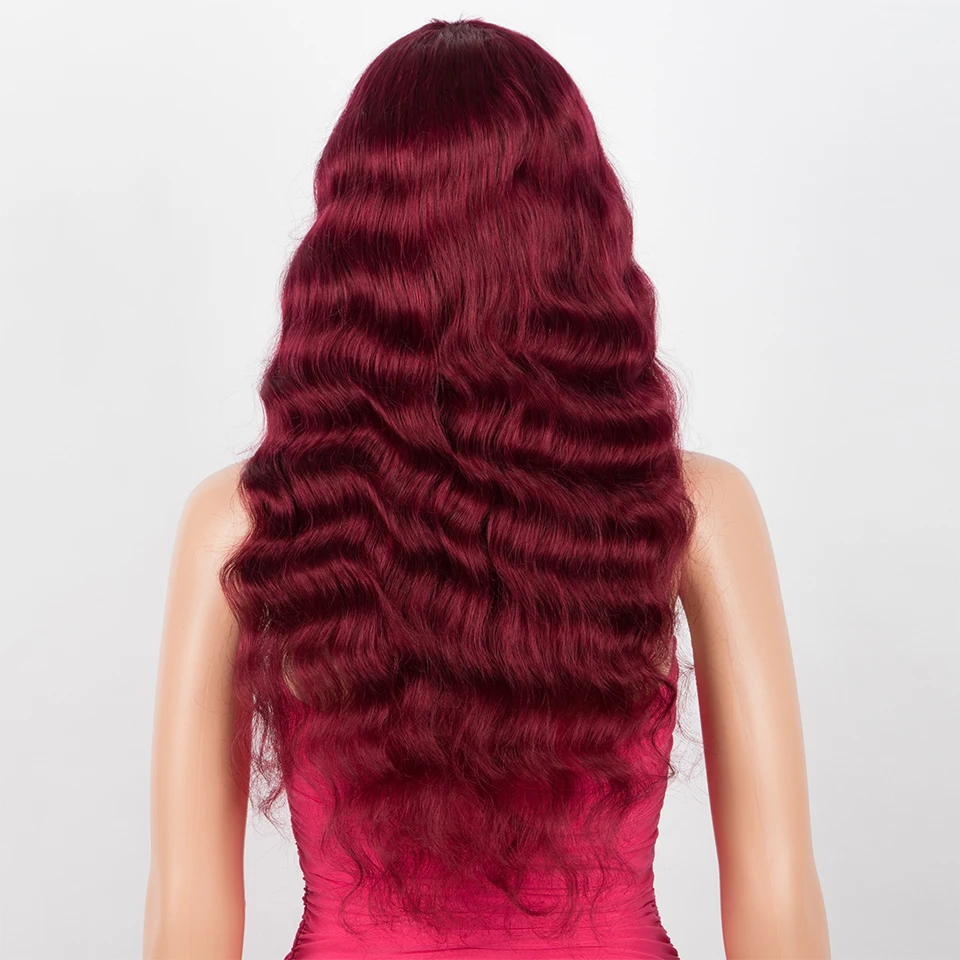 Red Brazilian Body Wave Wigs Sleek Burgundy Color Natural Remy Black Dark Human Hair Wig With Bangs For Black Women