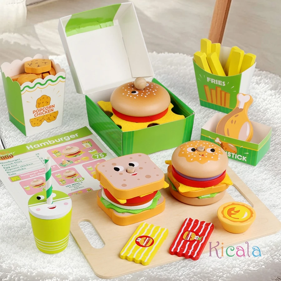 Ensemble de jeu de cuisine pour enfants, hamburger, frites, nourriture, maison de jeu, Hamburger, Sandwich, empilage, cuisine, jouet de jeu pour enfants, cadeau de noël