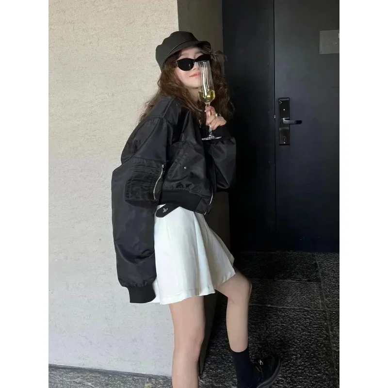 Korean Streetwear Y2k Black Cropped Jacket Female Oversize Windbreaker Women\'s Bomber Jackets 90s Vintage Harajuku Fashion
