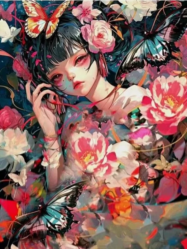 quebra-cabeca-vertical-de-pecas-Unicas-com-peonia-borboleta-e-dama-chinesa-estilo-Oleo-espesso-beleza-floral-oriental-vintage-escura-decoracao-de-parede-para-casa