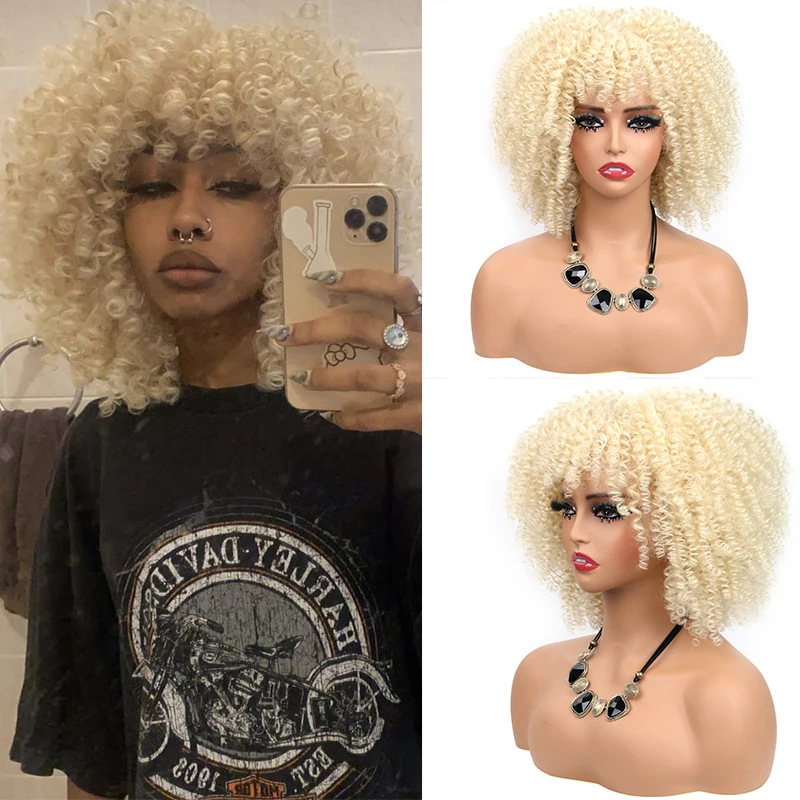 Short Afro Kinky Curly Wig with Bangs Ombre Blond Fluffy Kinky Curly Wigs for Black Women Synthetic Heat Resistant Full Hair Wig