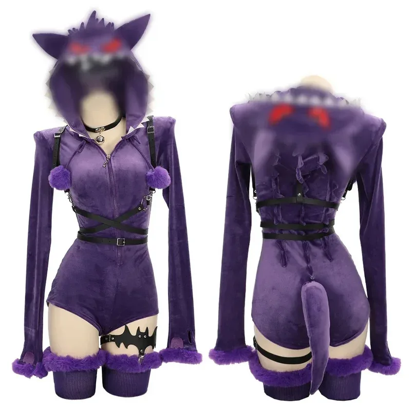 

2025 Women Genga Cosplay Costume Halloween Purple Ghost Romper Bodysuit Plush Hooded and Socks with Belt and Tail