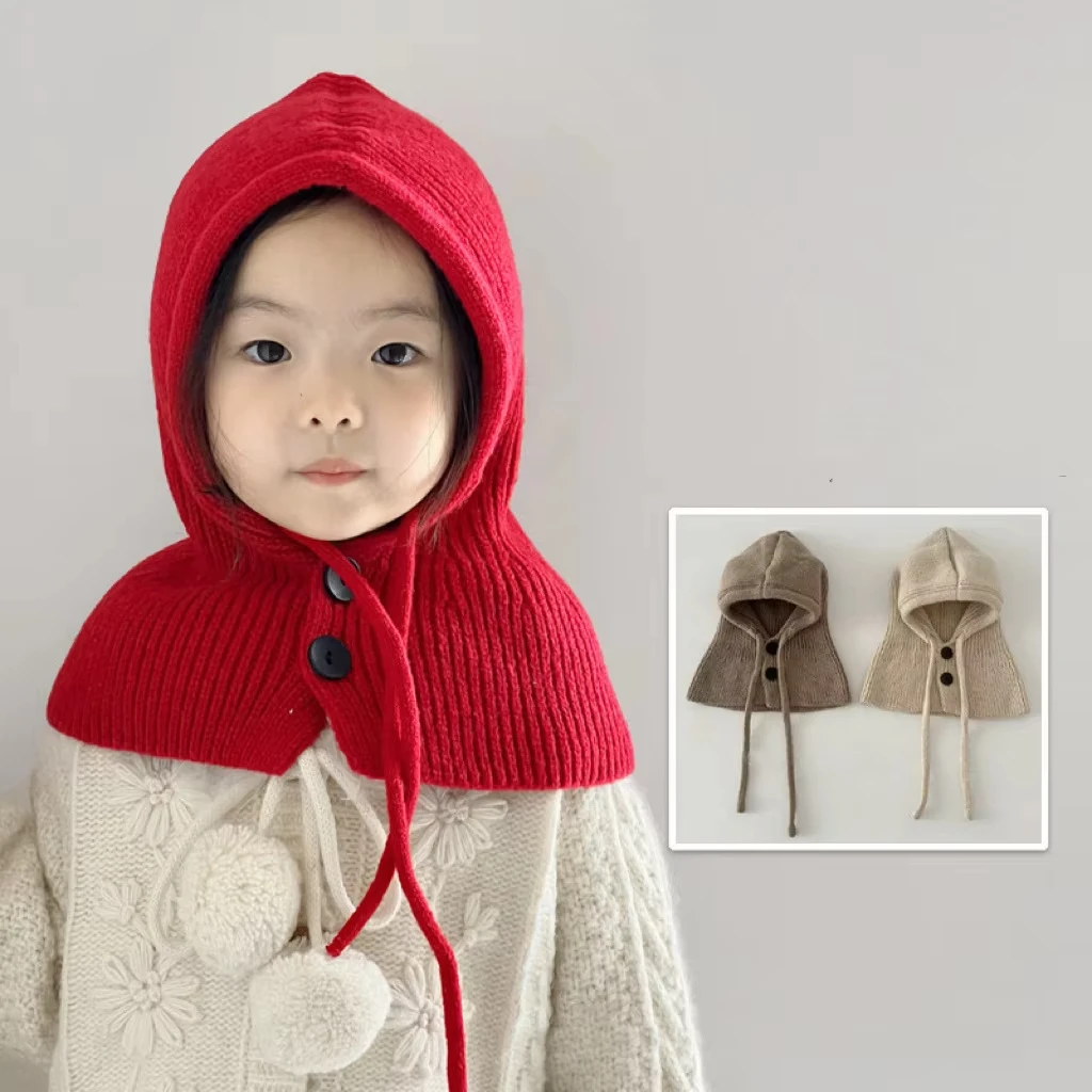 Winter Kids Knit Hooded Scarf Cap Solid Color Baby Balaclava Hat Outdoor Warm Woolen Toddler Boy Girl One Piece Beanies Scarf