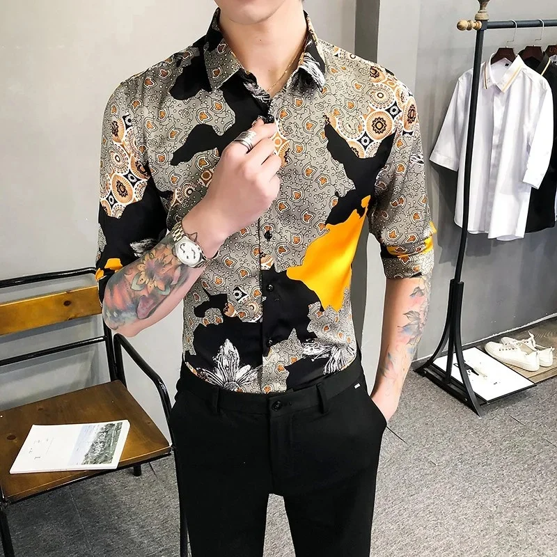 Shirt Print Mens Half Sleeve Korean Style Slim 2022 Summer New Turn-Down Collar Single Breasted Fashion Casual Blouse Male