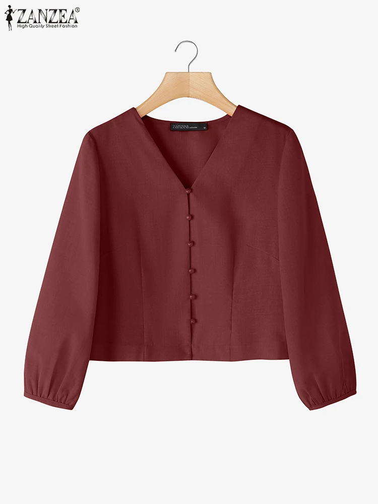 ZANZEA Autumn Women Shirts Casual V-Neck Blouse 2025 Fashion 3/4 Lantern Sleeve Tops Vintage Loose Buttons Solid Color Blusas