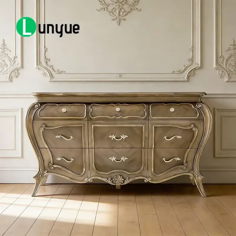 French Style Hand Carved Wood Veneer Buffet Cabinet Royal Luxury Storage Sideboard for Home Restaurant Villa Entrance Table