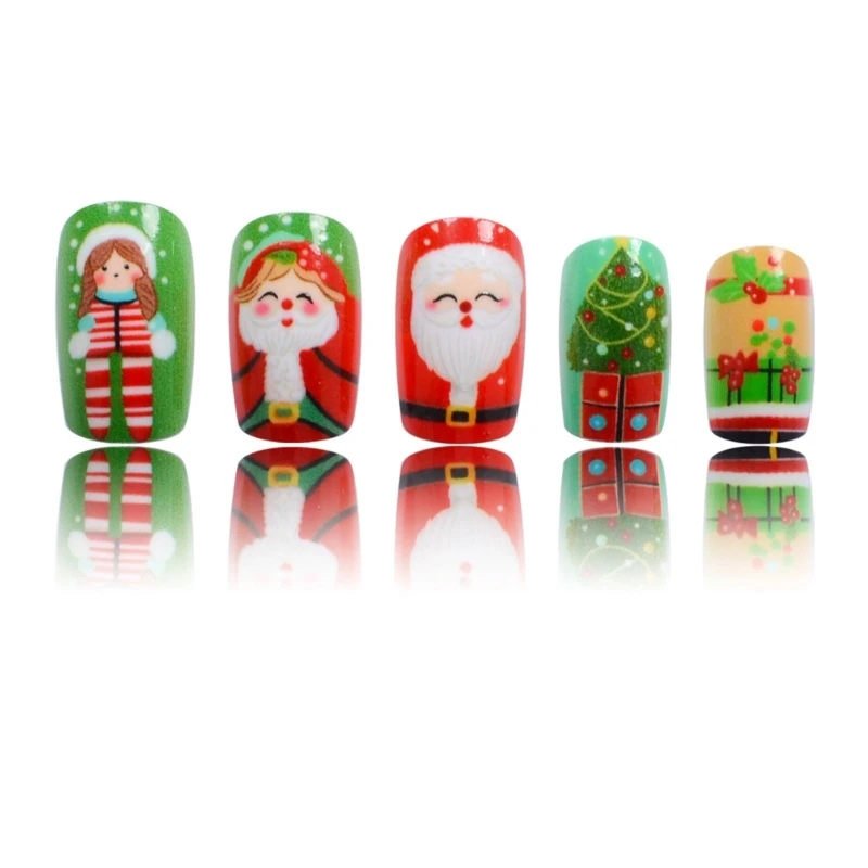 24Pcs Santa Designs Artificial Nails Press on for Festive Occasion E1YF