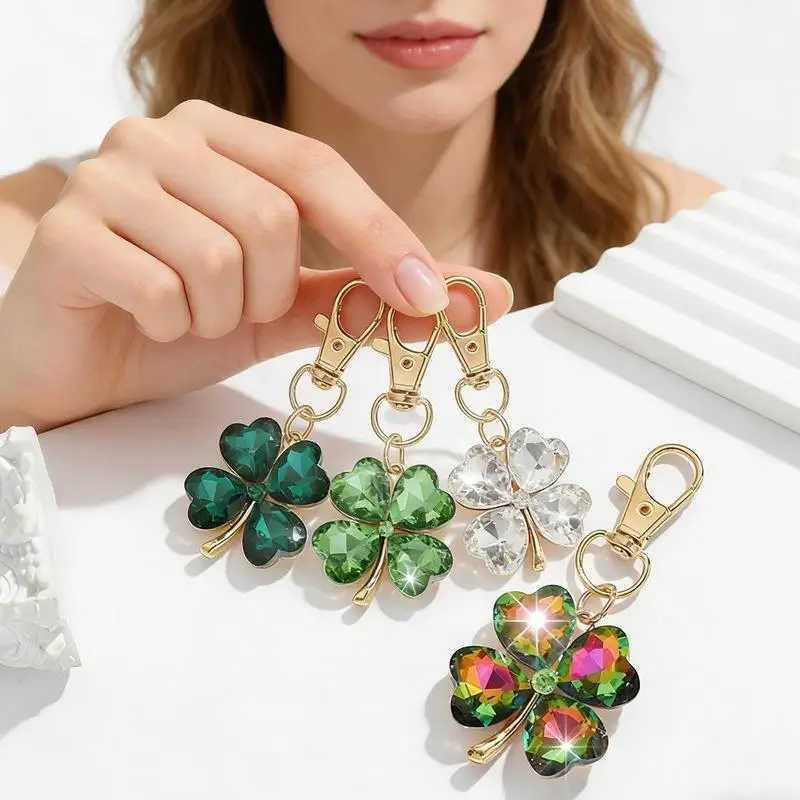 Four Leaf Clover Shape Glass Keychain Fashion Luxury Decorative Pendant for Bag Car Key Accessory Perfect Birthday Gift