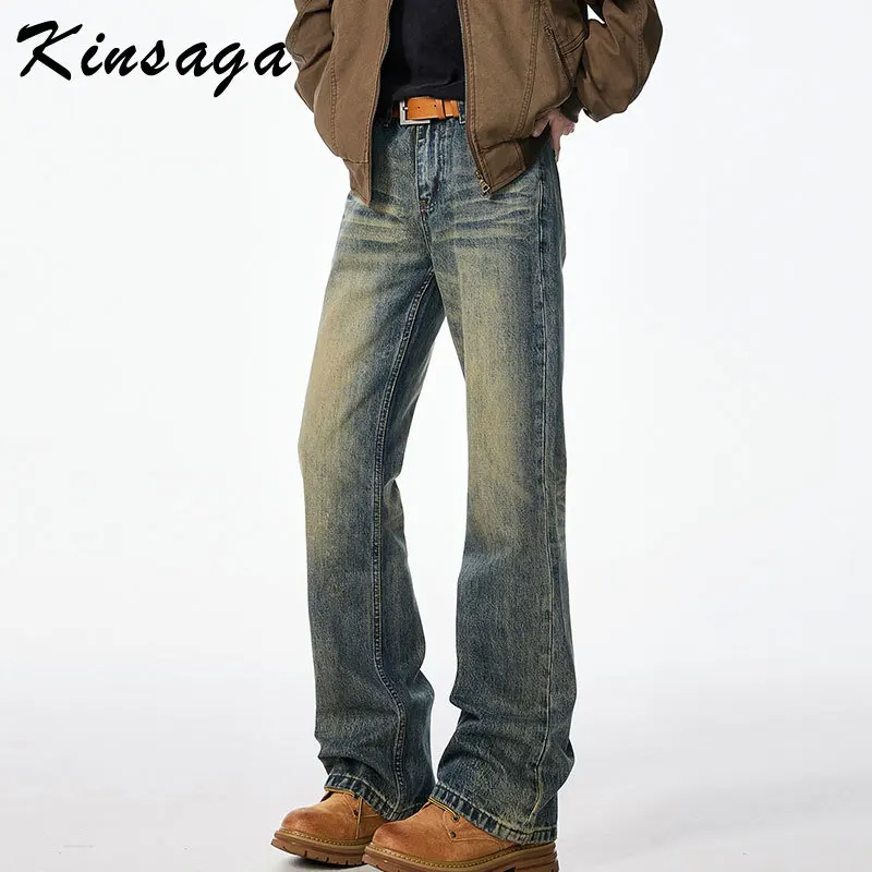 Men American Trendy Brand Cleanfit Jeans Street Vintage Retro Distressed Long Boot Cut Male Denim Trousers Man Classic Boot-cut