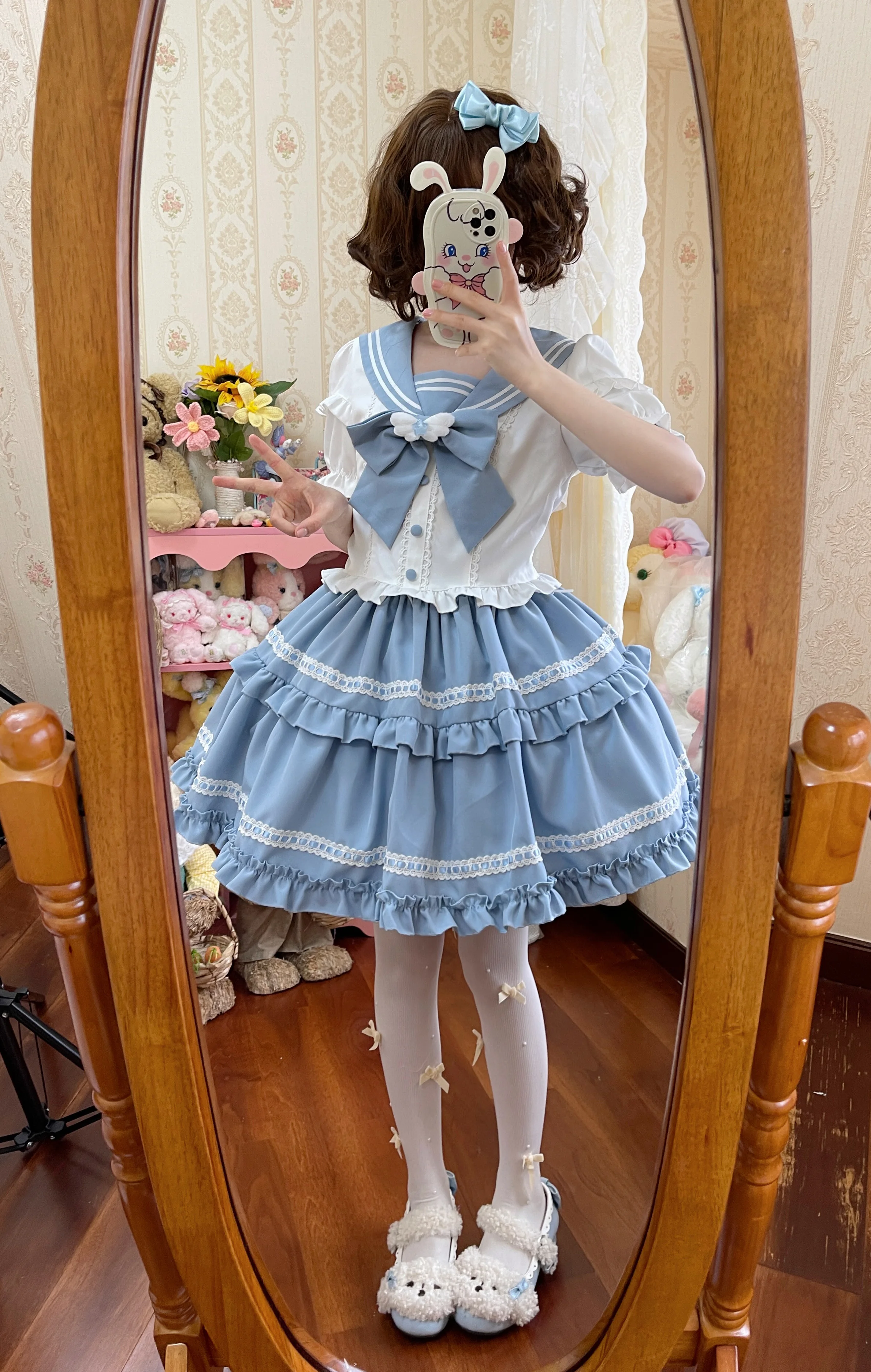 Kawaii Sweet Lolita Jurken Navy Kraag Ruches Vestido Mujer Strik Patchwork Prinses Party Femme Robe 3 Kleuren