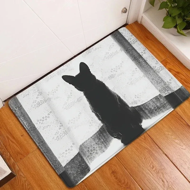 Cat Silhouette Door Mat with Artistic Blue Window Design Non-Slip Floor Mat for Home Entrance Cat Lover Decoration