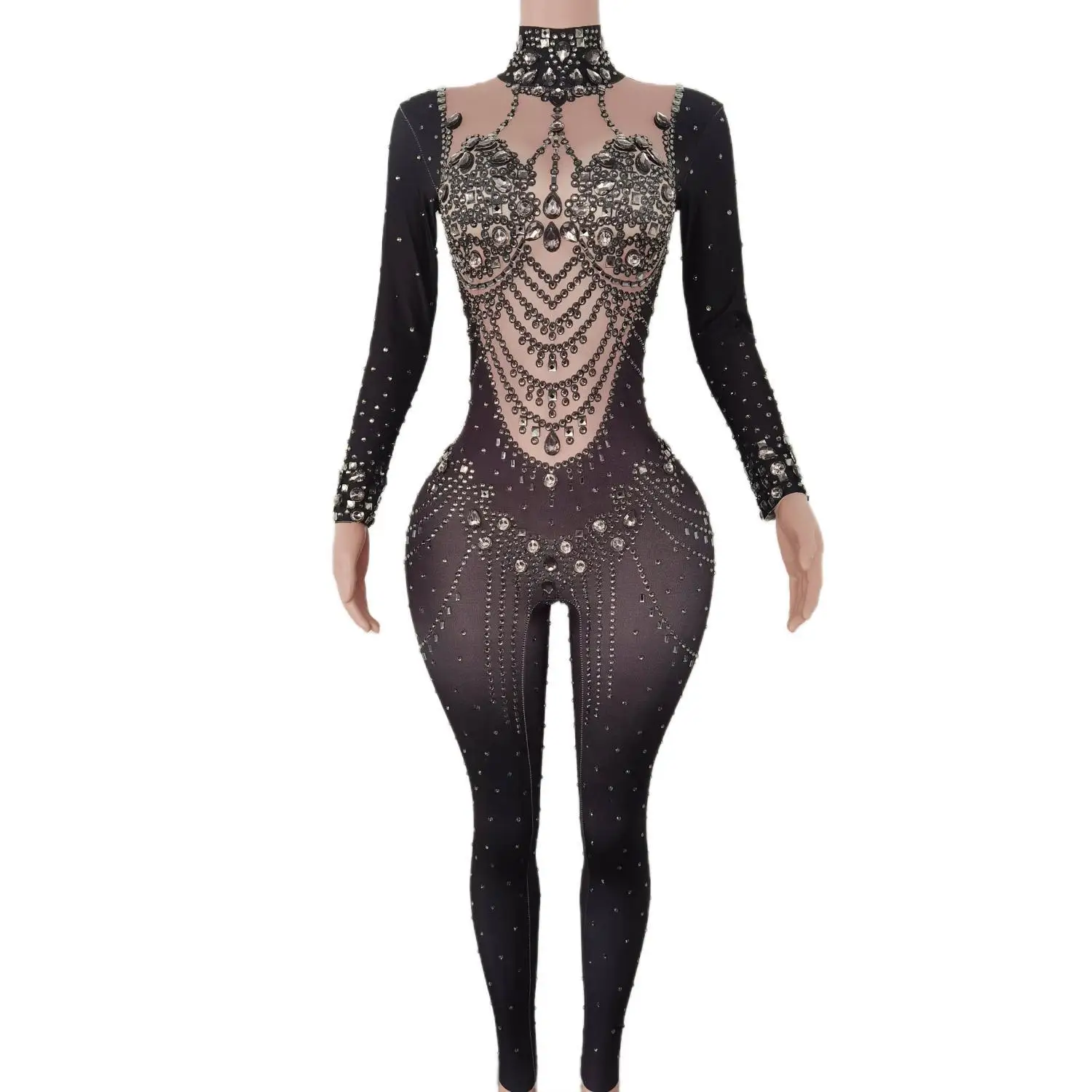 

Diamond outfit Rhinestones Stretch Transparent Jumpsuit Evening Birthday Celebrate Outfit Sexy Dancer Bodysuit