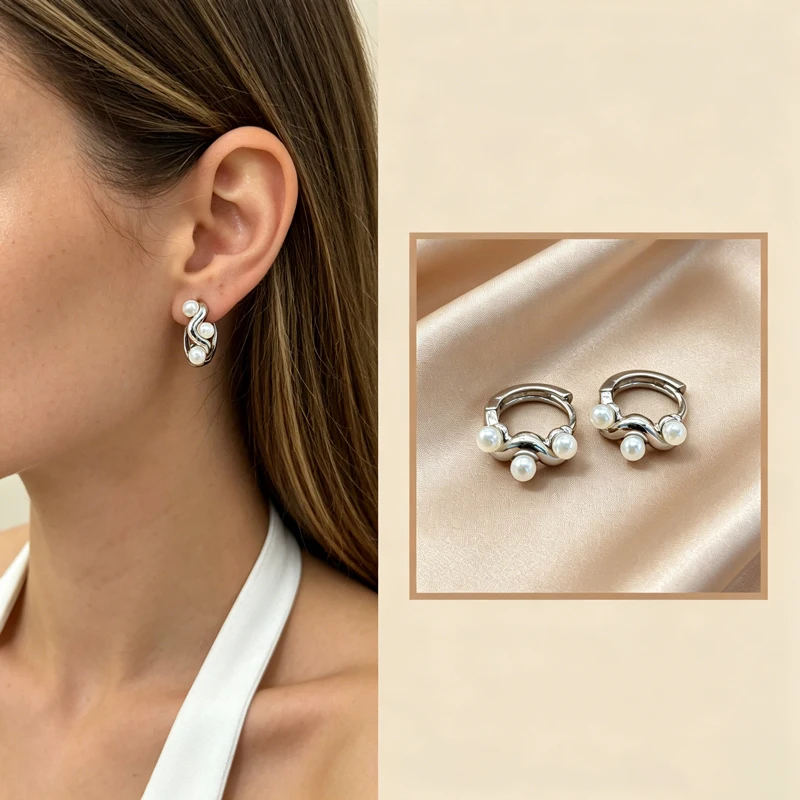 Wavy Triple White Pearl Huggie Hoop Earrings Silver Gold Two Tone Hypoallergenic Piercing Jewelry Women Elegant Stackable Daily
