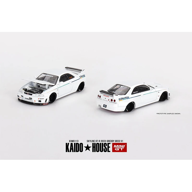 MINIGT KHMG113 In Stock 1:64 Skyline GTR R33 Greddy GR33 WHITE Openable Hood Diecast Diorama Car Model Kaido House