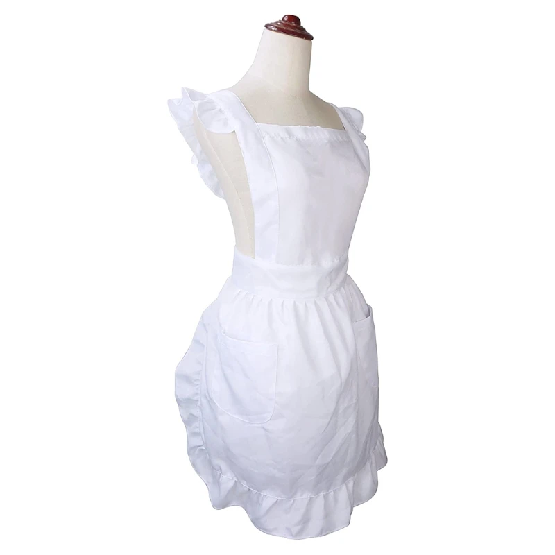 Womens Girls Ruffles Outline Retro White Apron with Pockets Adjustable Victorian Bib Maid Cosplay Kitchen Baking Costume