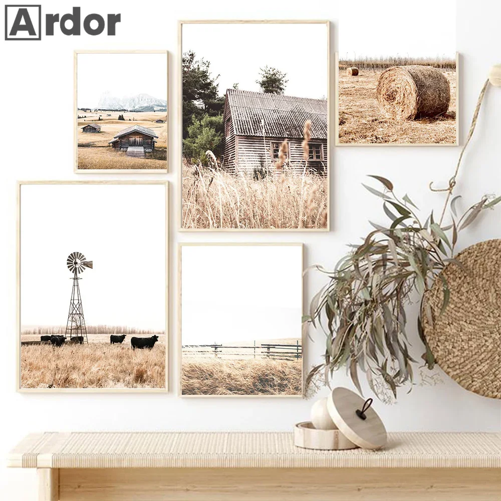 

Highland Natural Scenery Canvas Print Plant Grass Reed Windmill Poster Painting Nordic Wall Art Pictures Living Room Home Decor
