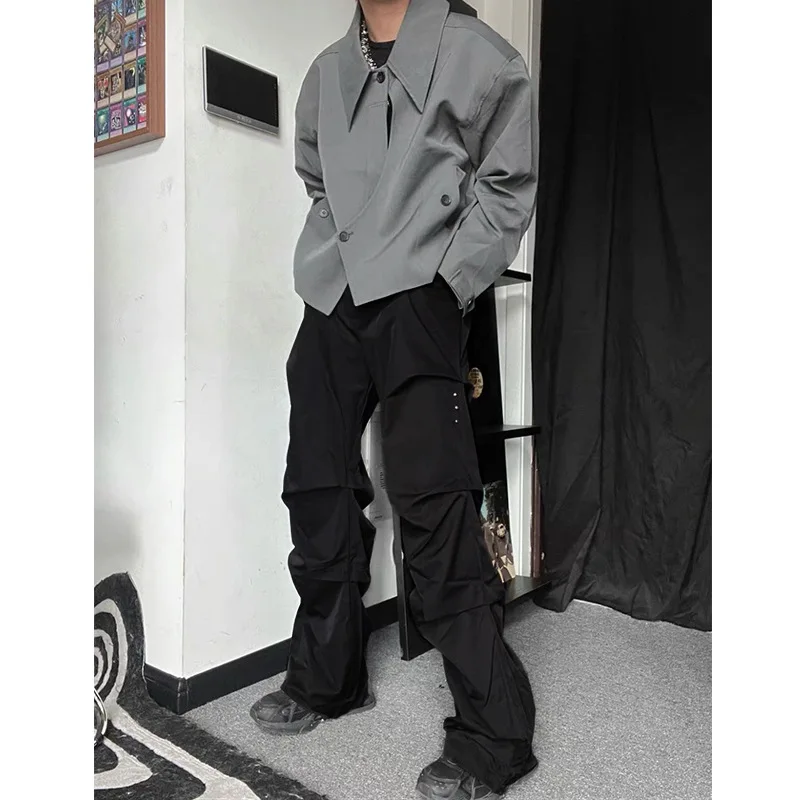 Firmranch 2023 All Season Pleated Design Sense Black Casual Pants Men's Loose Streetwear Baggy Pants Techwear Trousers Free Ship