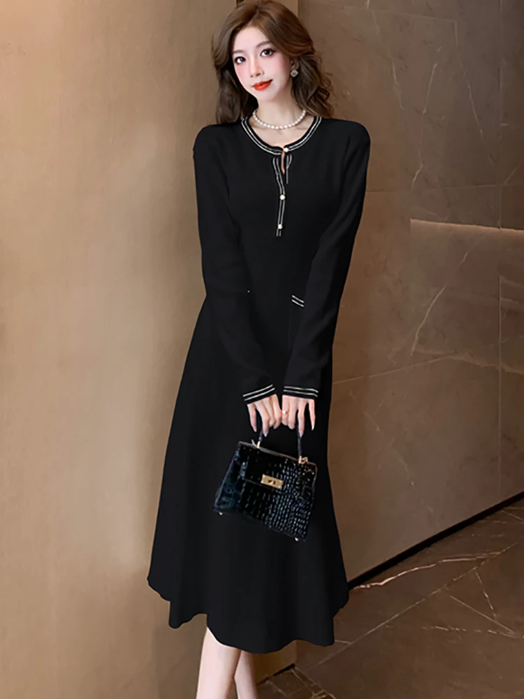 Red Knitted Chic Diamonds Elegant Ruffled Long Dress for Ladies Autumn Winter Thick Warm Sweater Dress 2024 Elegant Party Dress