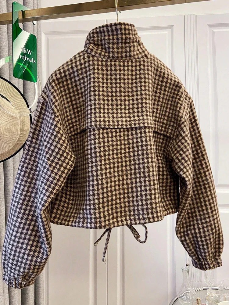 Karierte Jacke mit Kordelzug am Bund und Reißverschluss für Damen, lässiger, lockerer Mantel mit Kapuze und langen Ärmeln, Herbst 2026, Pendler- und Streetwear, rote Jacken und Mäntel – Detail 6