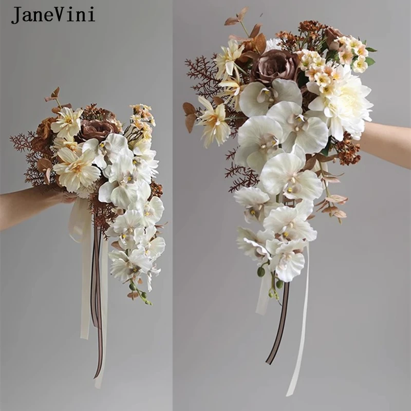 

JaneVini New Champagne Brown Cascading Flowers Waterfall Bridal Bouquets Artificial Silk Roses Western Wedding Bouquet for Bride