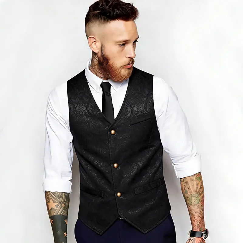 Spring European Medieval Men's Retro Floral Vest Fashion V Neck Patchwork Suit Vest Casual Vintage Gentleman Leisure Party