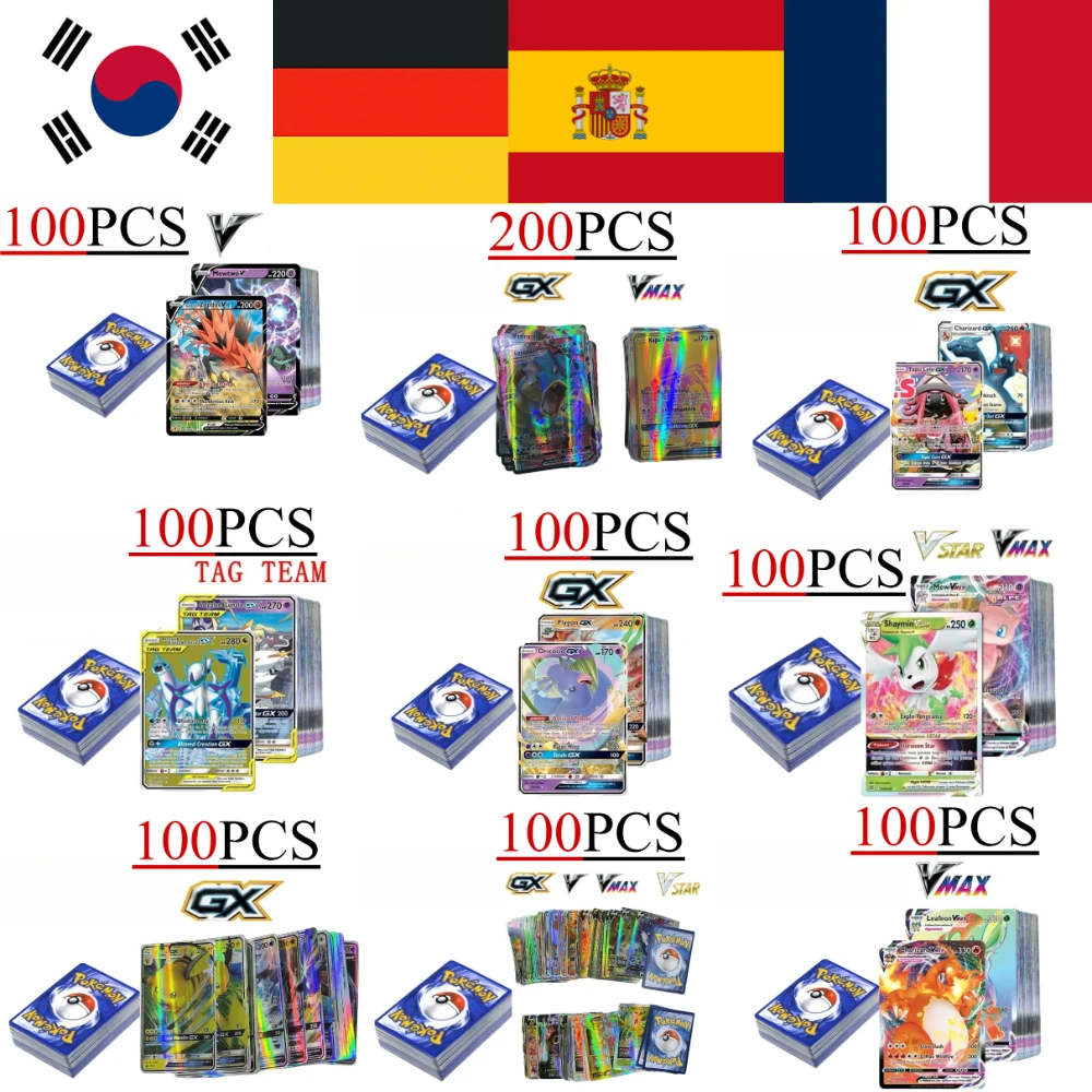 

Пятно Распродажа Покемоны Французский Английский Немецкий Корейский Испанский Карты GX VMax VMAX V TT Пикачу Аниме Боевая Карта Соберите игрушки